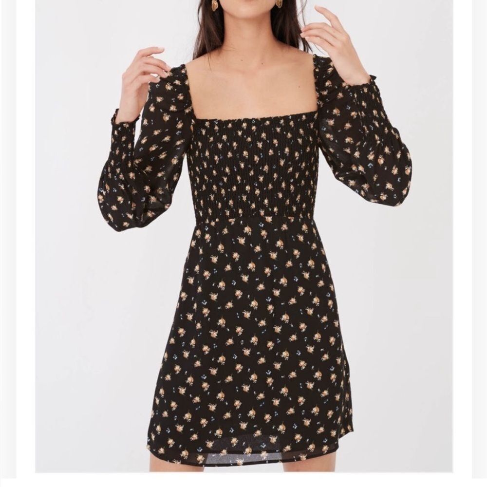 Maje Black Floral smocked Long Sleeve Dress size 36/ small